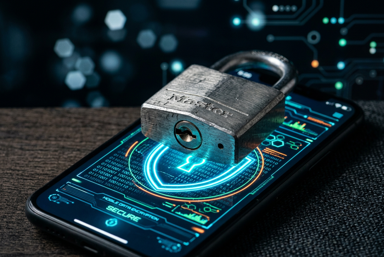 A metallic padlock on a smartphone screen showing a security shield.