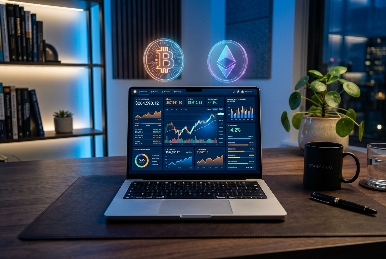 A professional setup with a laptop showing financial charts and cryptocurrency icons.